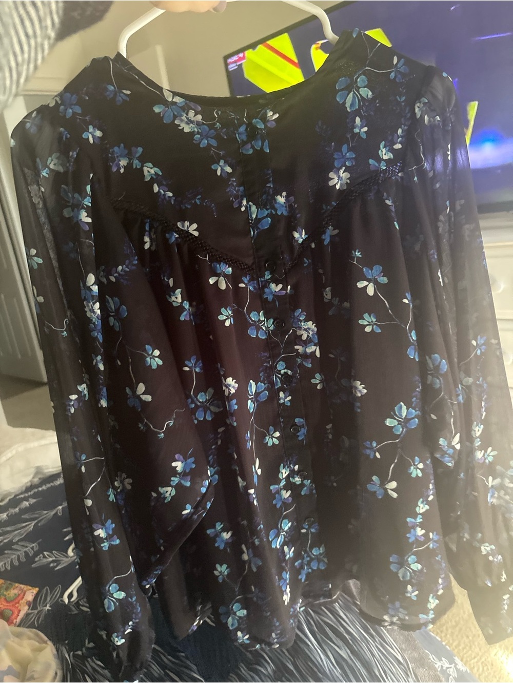 Aqua Black Blouse with Blue & White Floral Print